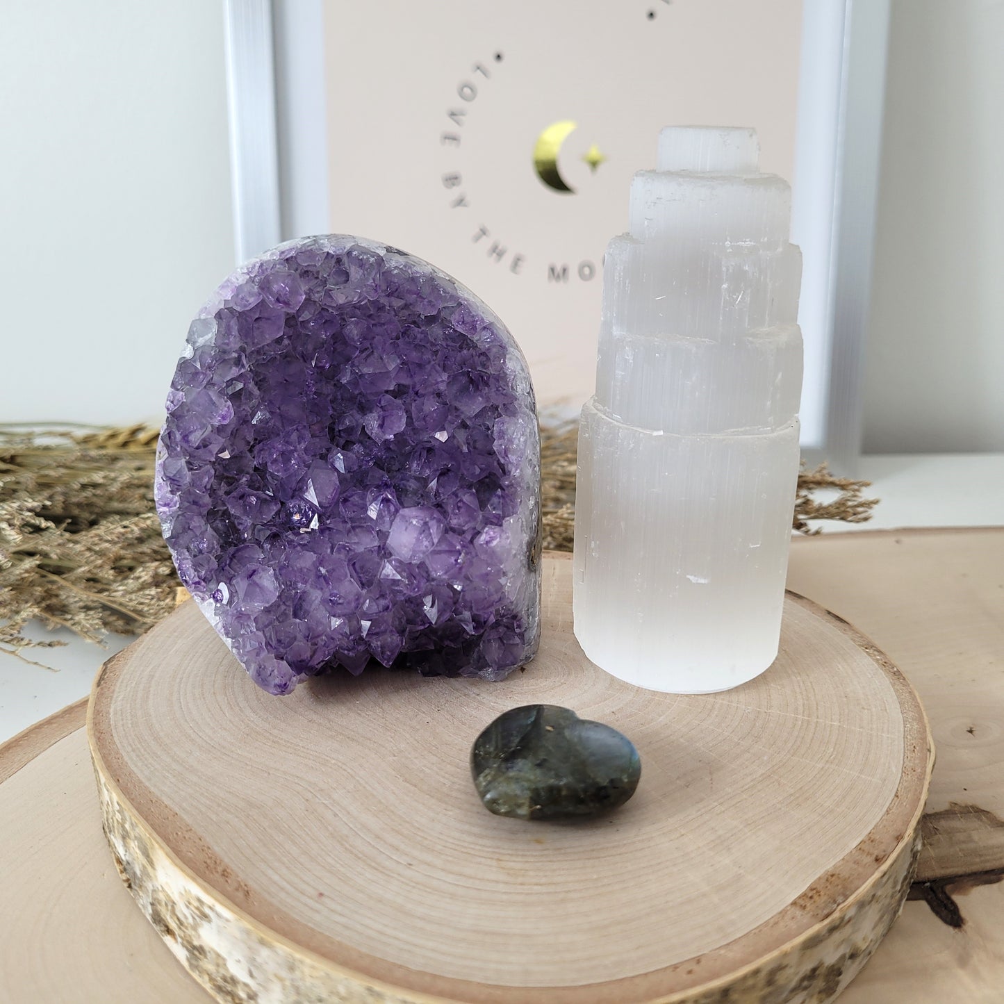 Set "Traumhüter" Amethyst Kristalldruse, Selenit Turm, Labradorit Herz, mit kraftvoller Set Beschreibung