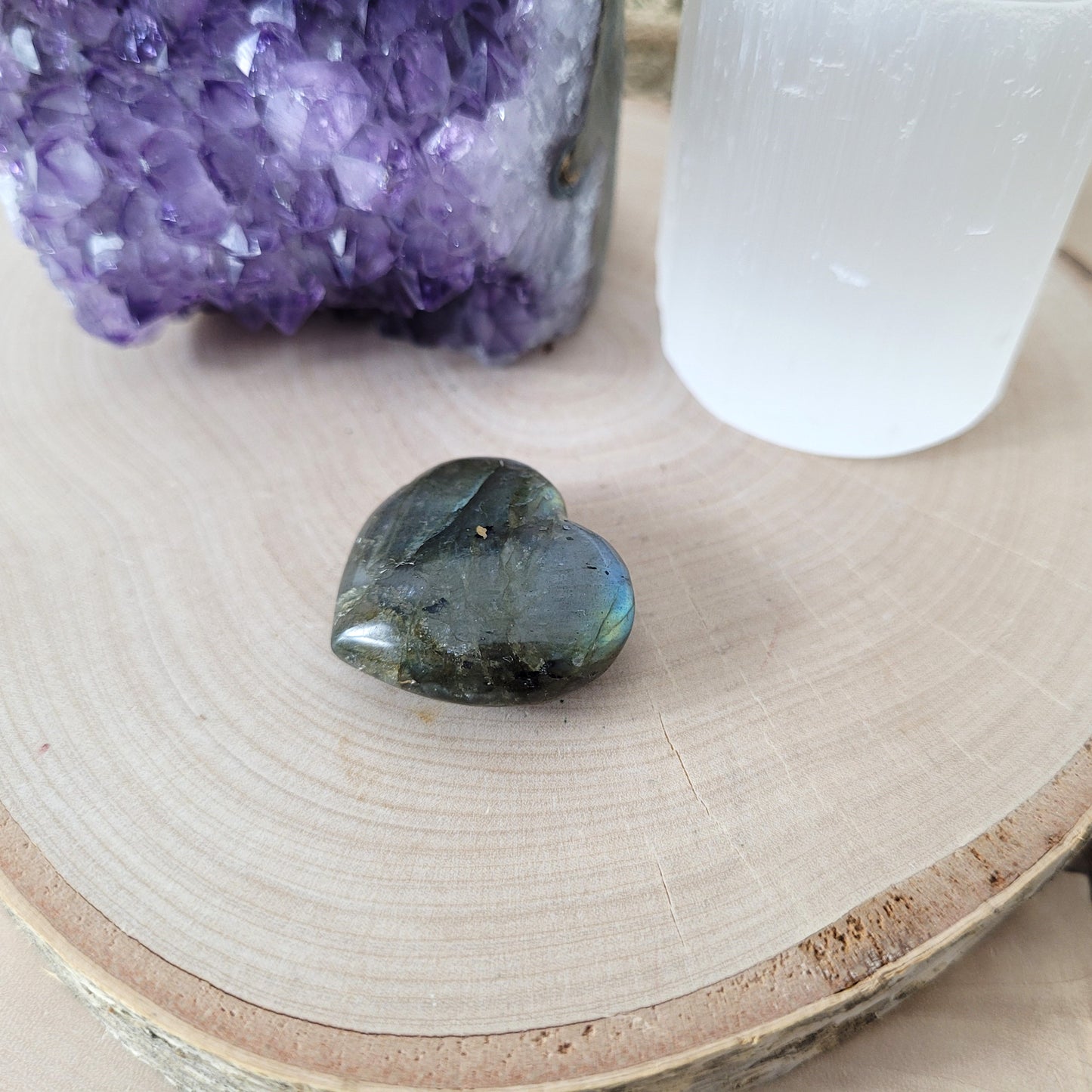 Set "Traumhüter" Amethyst Kristalldruse, Selenit Turm, Labradorit Herz, mit kraftvoller Set Beschreibung