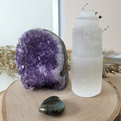 Set "Traumhüter" Amethyst Kristalldruse, Selenit Turm, Labradorit Herz, mit kraftvoller Set Beschreibung