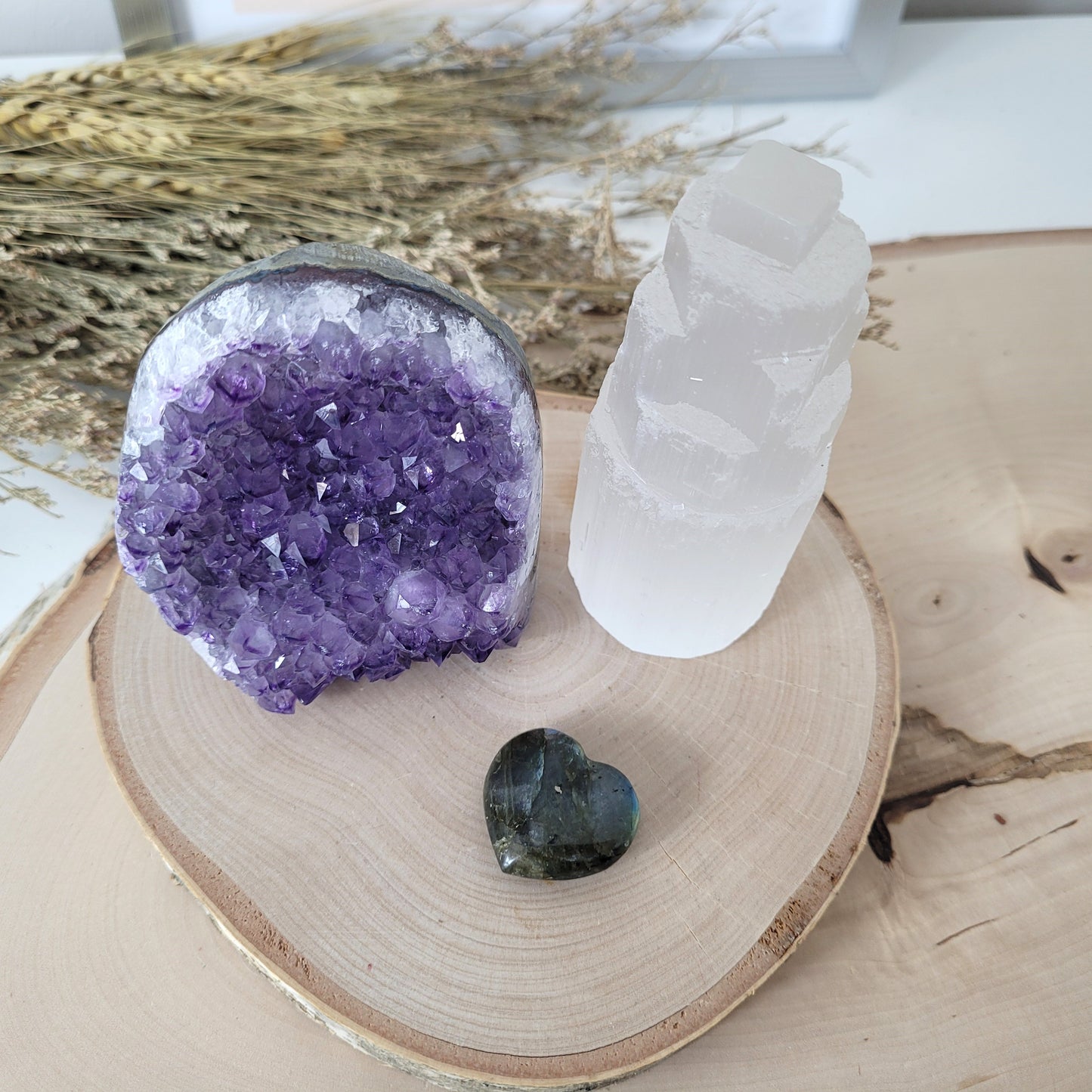 Set "Traumhüter" Amethyst Kristalldruse, Selenit Turm, Labradorit Herz, mit kraftvoller Set Beschreibung