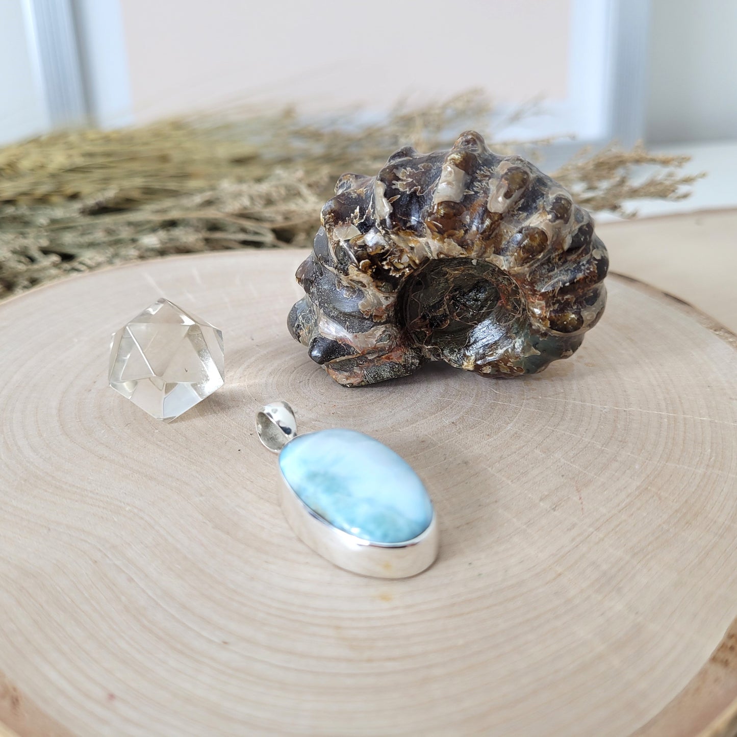 Set "Ozean der Ahnen" Larimar Kettenanhänger Silber 925, Ammoniten Fossil, Bergkristall Platonischer Körper Ikosaeder, mit kraftvoller Set Beschreibung