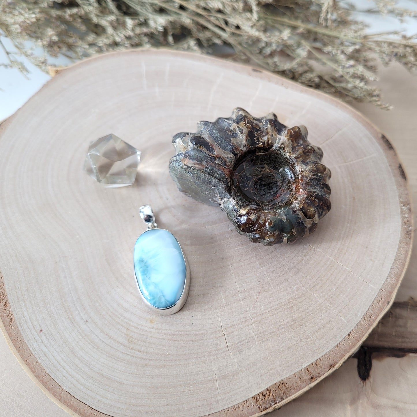 Set "Ozean der Ahnen" Larimar Kettenanhänger Silber 925, Ammoniten Fossil, Bergkristall Platonischer Körper Ikosaeder, mit kraftvoller Set Beschreibung