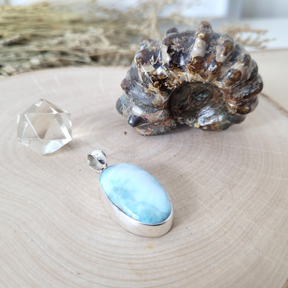 Set "Ozean der Ahnen" Larimar Kettenanhänger Silber 925, Ammoniten Fossil, Bergkristall Platonischer Körper Ikosaeder, mit kraftvoller Set Beschreibung