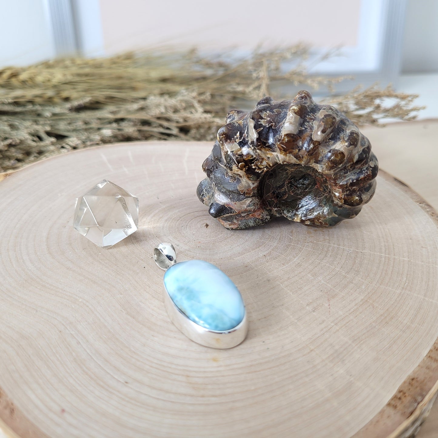 Set "Ozean der Ahnen" Larimar Kettenanhänger Silber 925, Ammoniten Fossil, Bergkristall Platonischer Körper Ikosaeder, mit kraftvoller Set Beschreibung