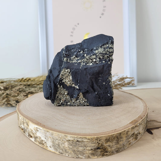 Schungit mit Pyrit Rohstein Freiform 7,9 x 8,3cm, 347g