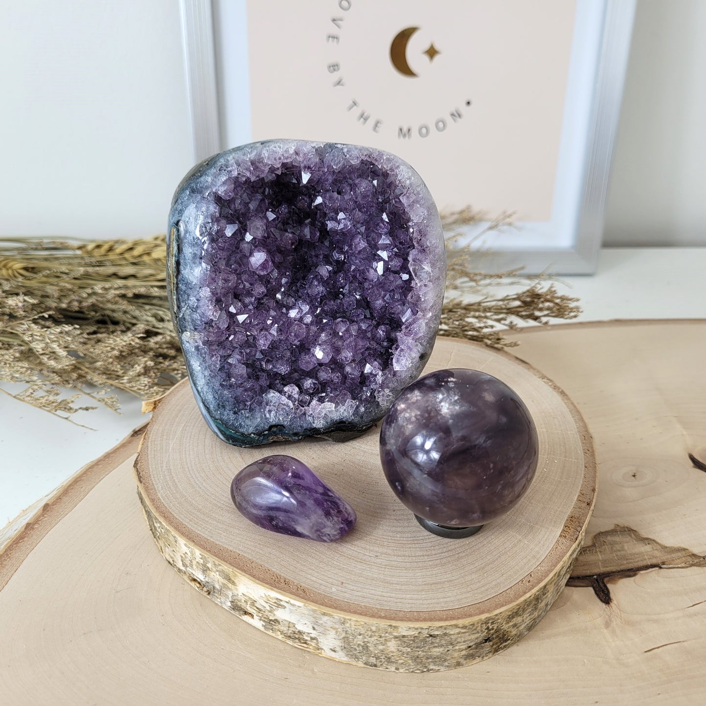 Angebot des Tages 31.05.26 Set bestehend aus: Amethyst Kristalldruse, lila Fluorit Kugel, Ametrin Trommelstein
