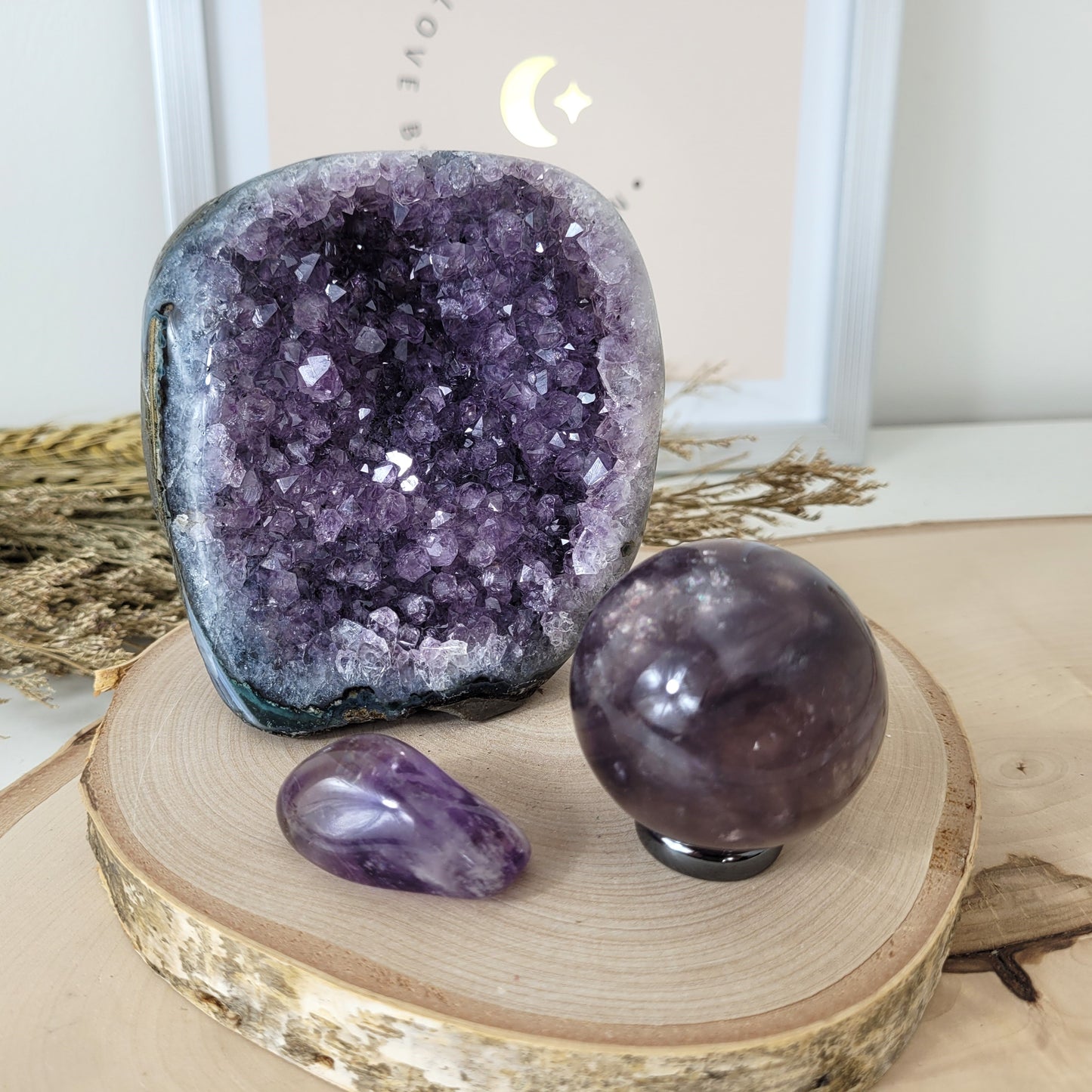 Angebot des Tages 31.05.26 Set bestehend aus: Amethyst Kristalldruse, lila Fluorit Kugel, Ametrin Trommelstein