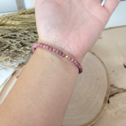 Rhodonit Armband Kugeln matt 4 mm mit Silber 925 vergoldet Perle