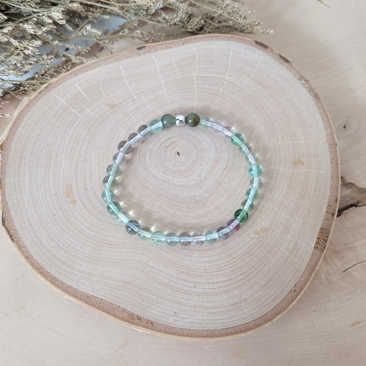 Fluorit Armband Kugeln 6mm mit zwei Labradorit Perlen und mit Silber 925 Perle
