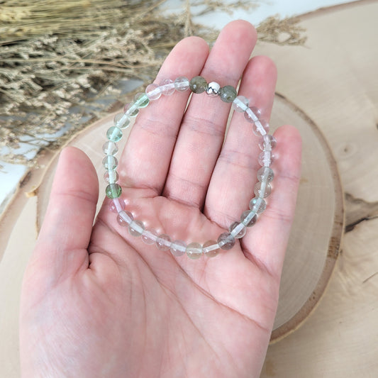 Fluorit Armband Kugeln 6mm mit zwei Labradorit Perlen und mit Silber 925 Perle