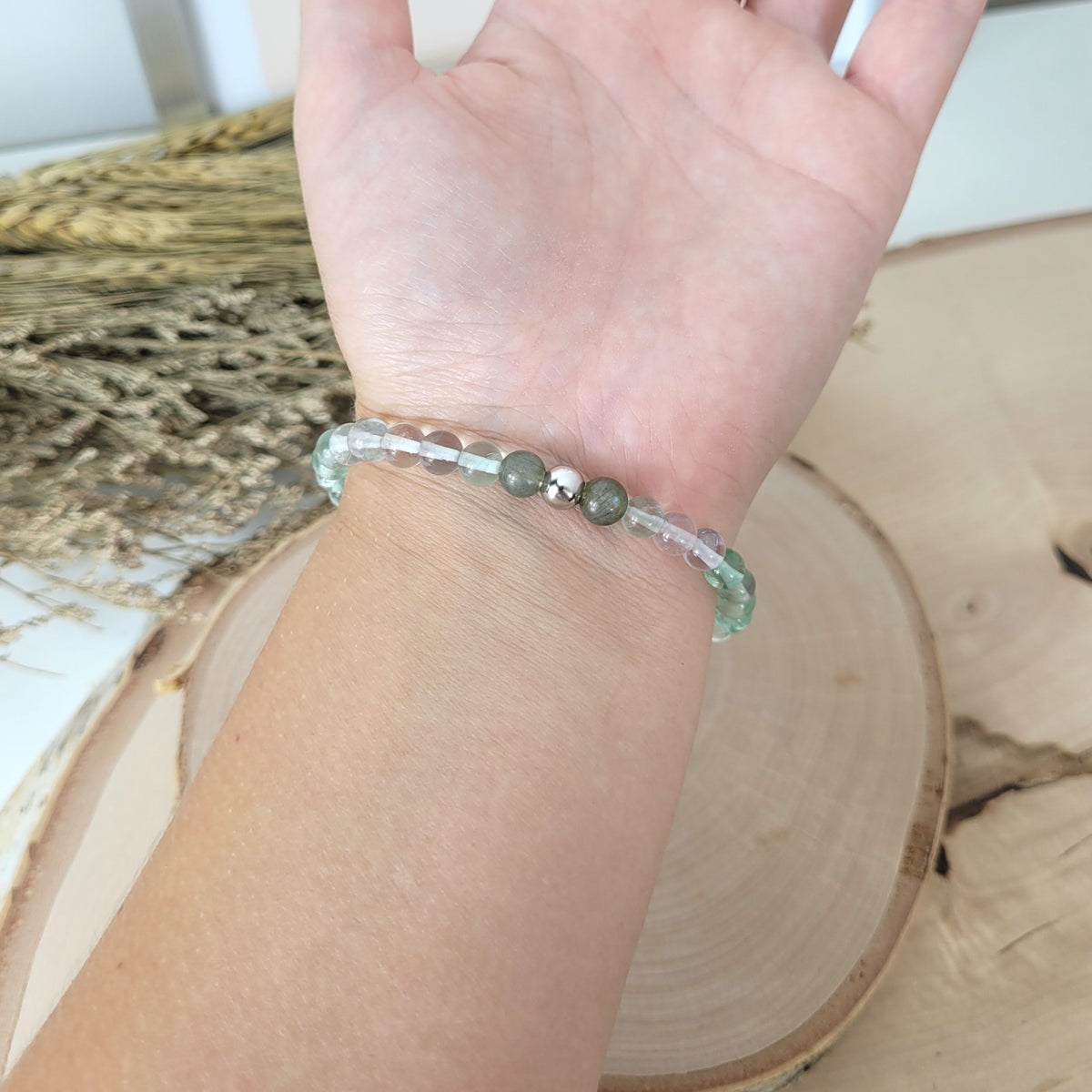 Fluorit Armband Kugeln 6mm mit zwei Labradorit Perlen und mit Silber 925 Perle