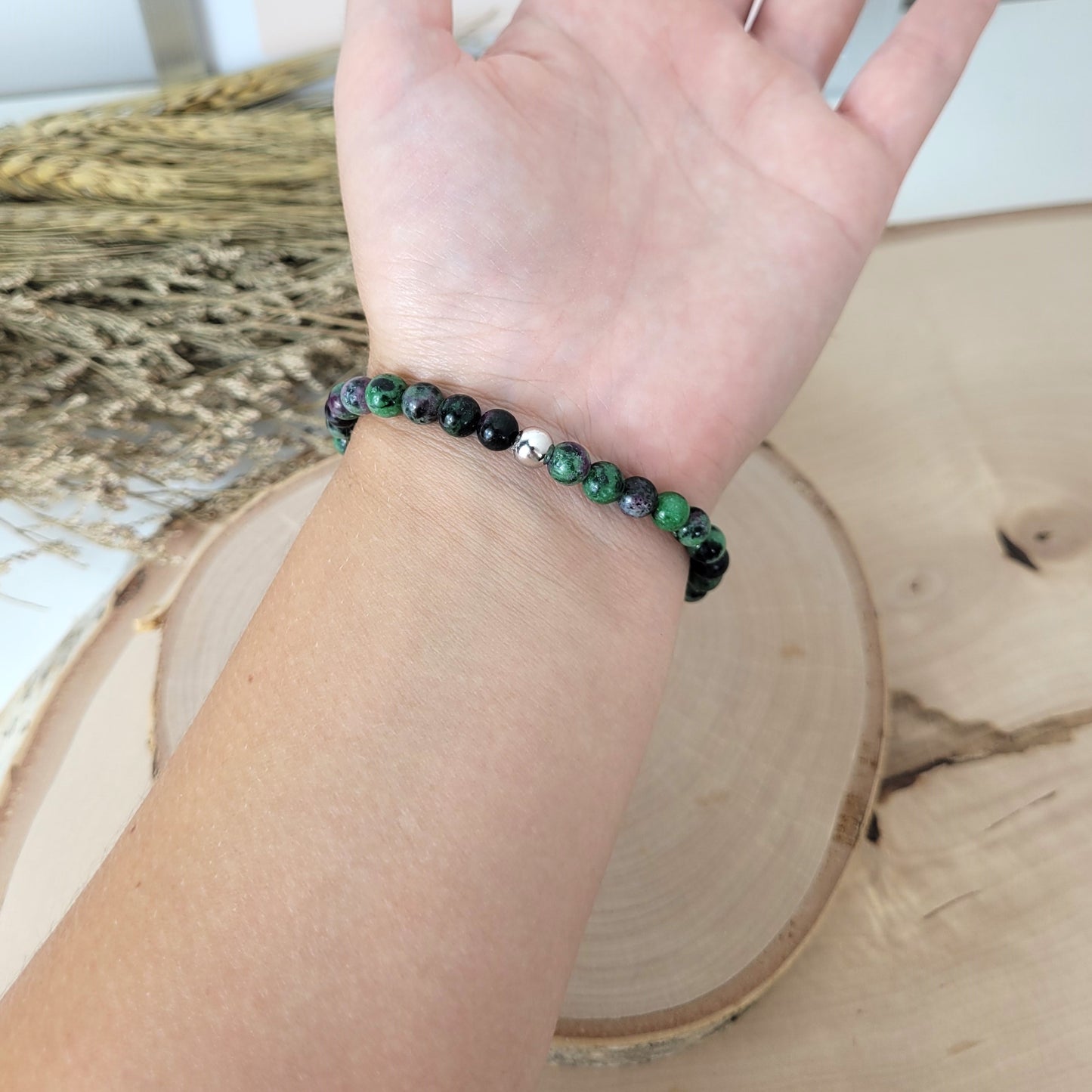 Rubin Zoisit Armband Kugeln 6mm mit Silber 925 Perle