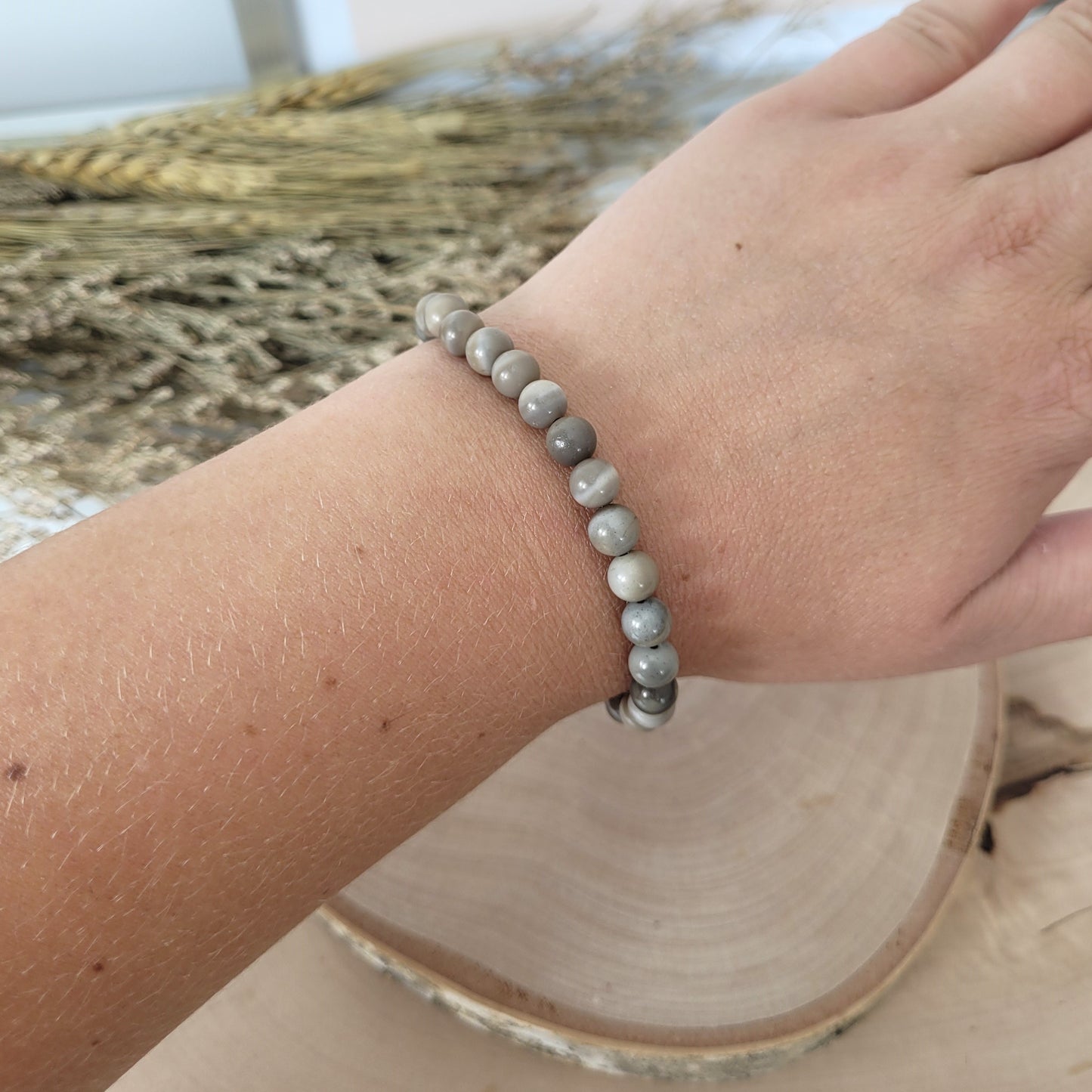 Flint Jaspis Feuerstein Armband Kugeln 6mm mit Silber 925 Perle