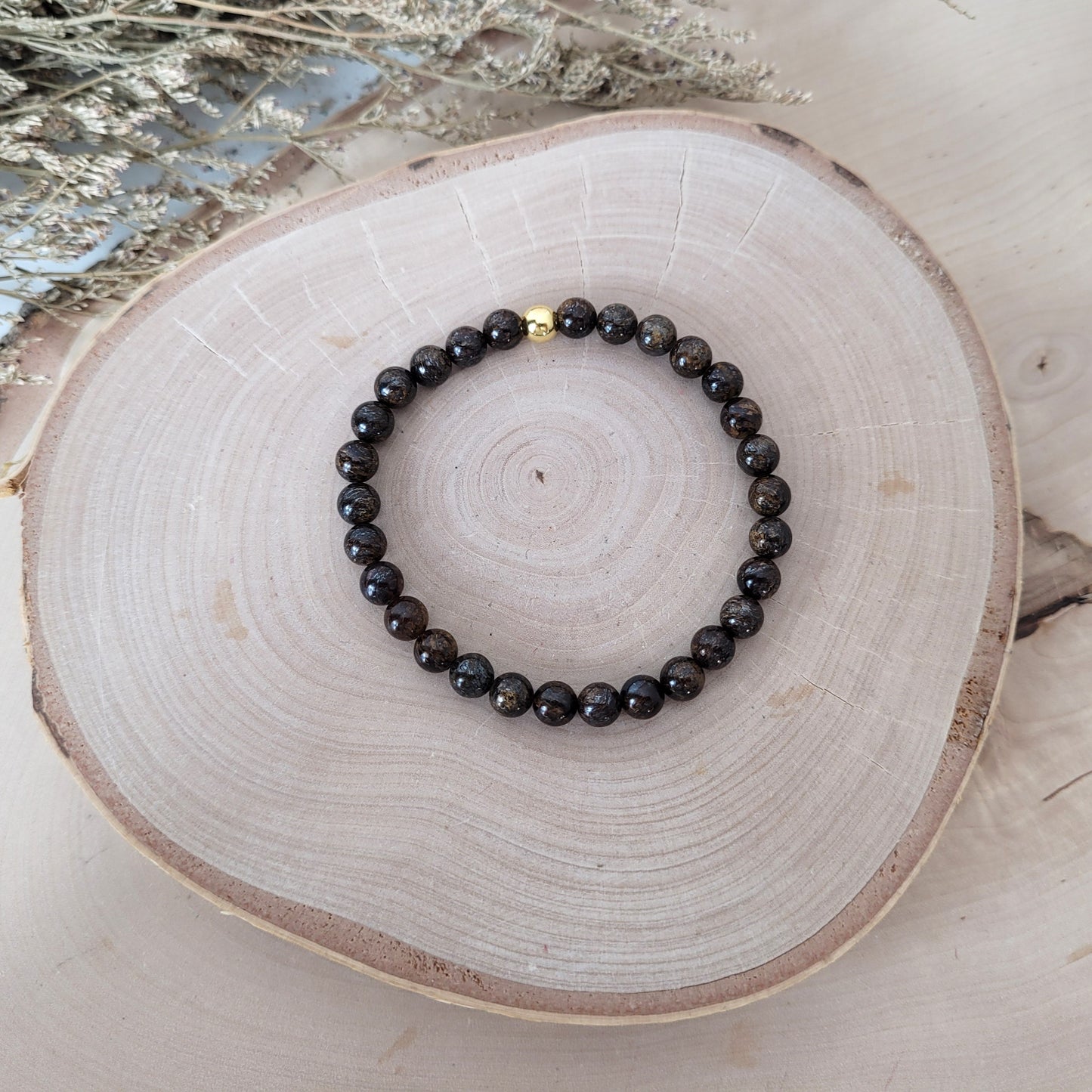Bronzit Armband Kugeln 6mm mit Silber 925 vergoldet Perle