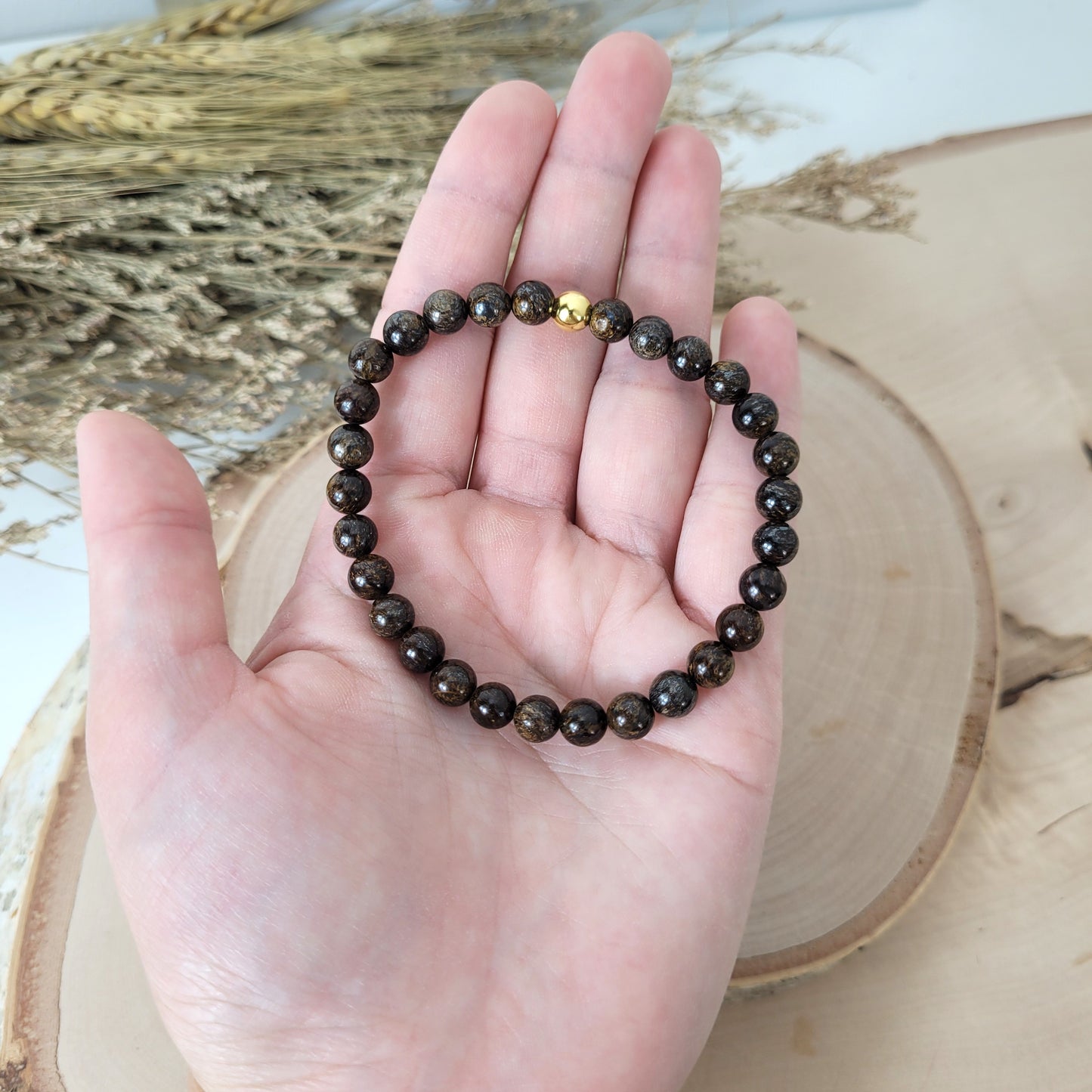 Bronzit Armband Kugeln 6mm mit Silber 925 vergoldet Perle