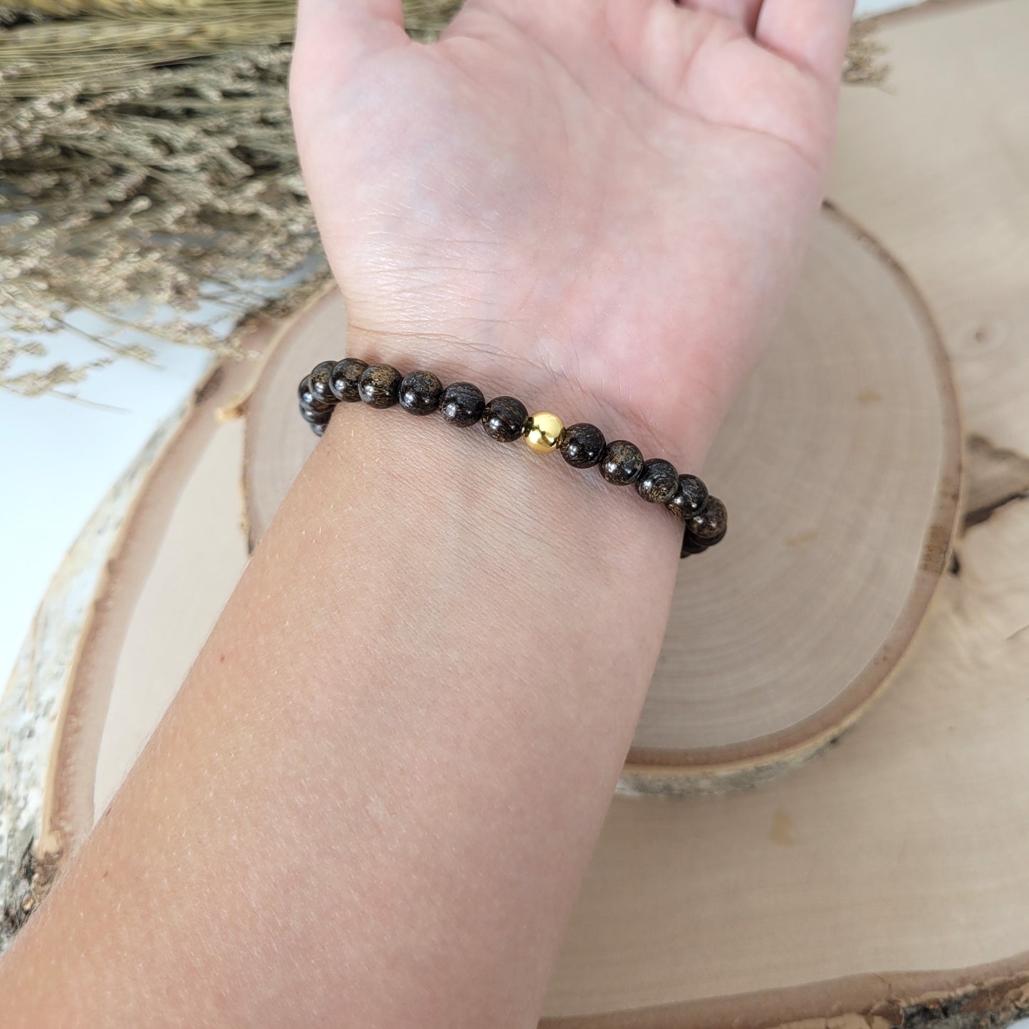 Bronzit Armband Kugeln 6mm mit Silber 925 vergoldet Perle