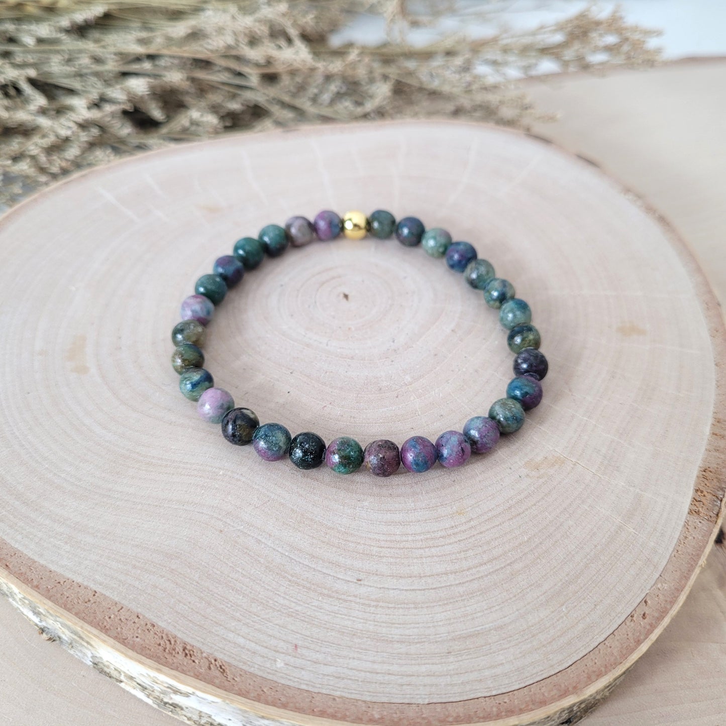 Disthen Rubin Armband Kugeln 6mm mit Silber 925 vergoldet Perle