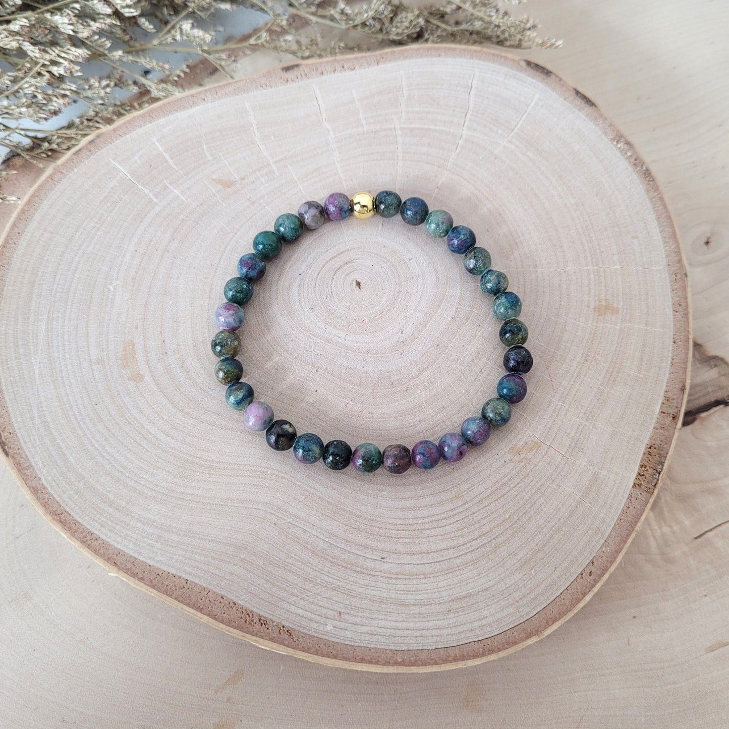 Disthen Rubin Armband Kugeln 6mm mit Silber 925 vergoldet Perle
