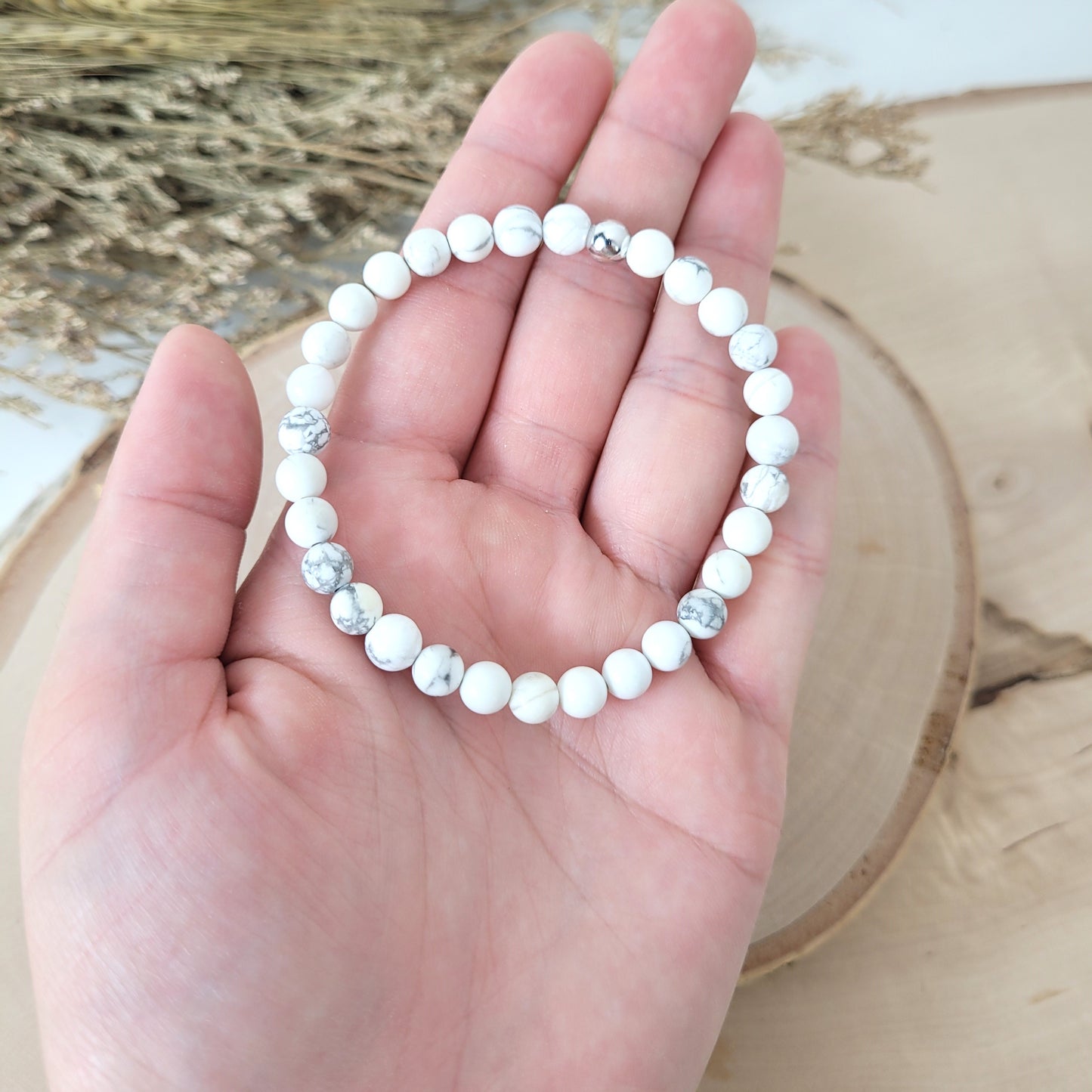 Magnesit Armband Kugeln 6mm mit Silber 925 Perle