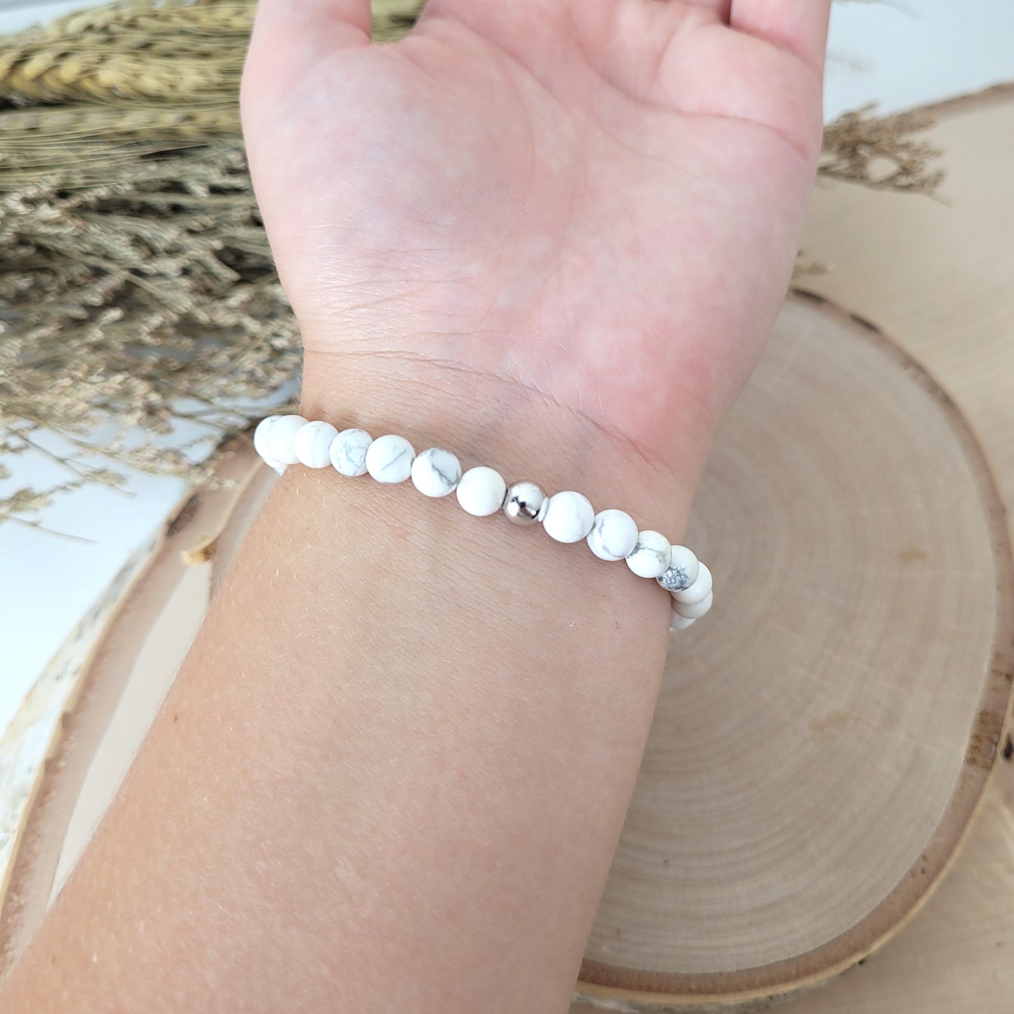 Magnesit Armband Kugeln 6mm mit Silber 925 Perle