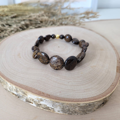 Bronzit Armband Coins & Kugel Mix 6-15mm mit Silber 925 vergoldet Perle