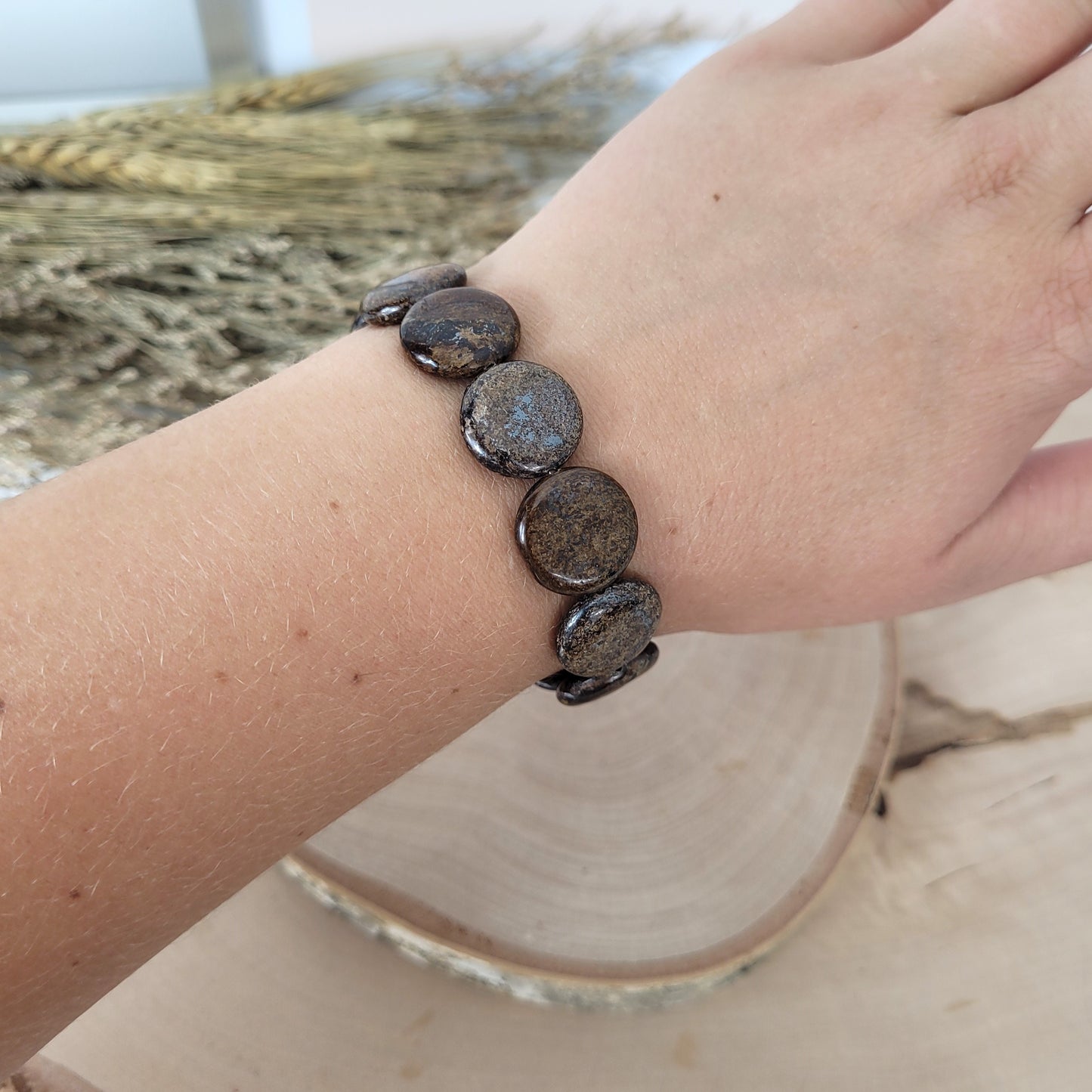 Bronzit Armband Coins Mix 8-15mm mit Silber 925 vergoldet Perle