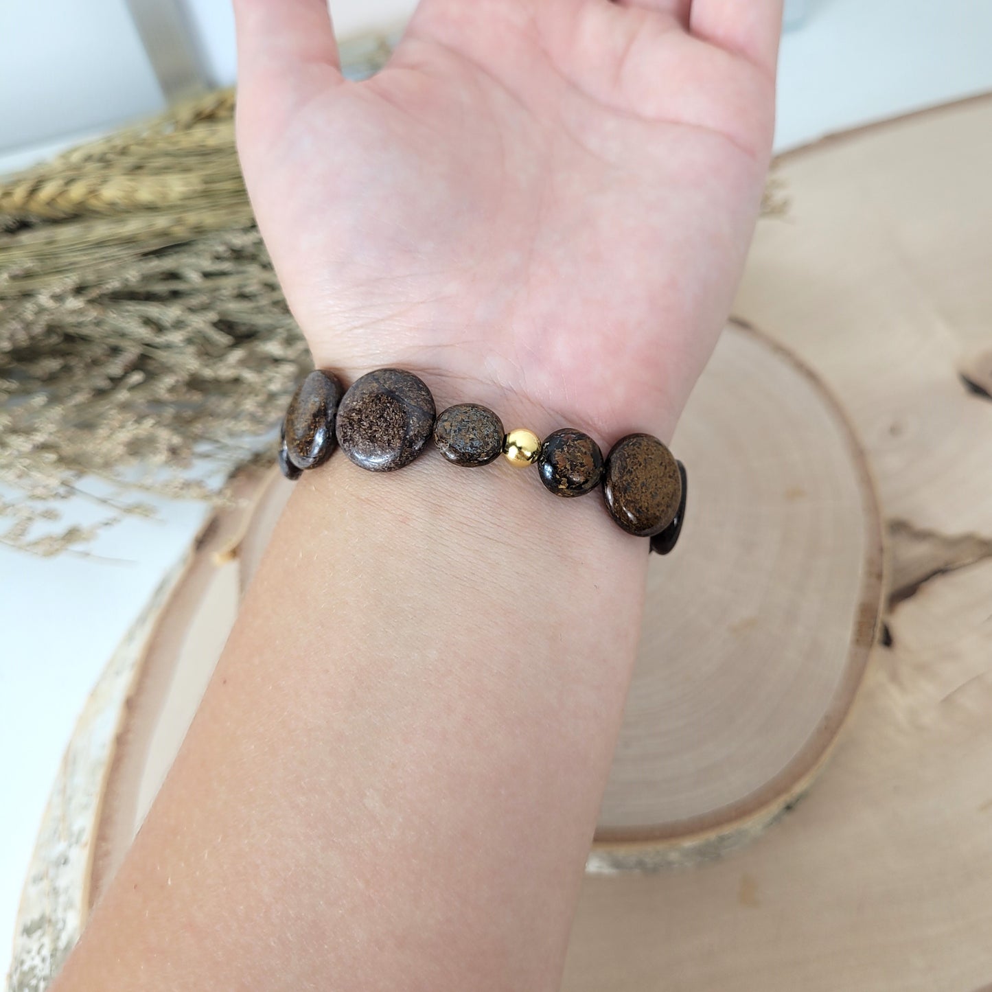 Bronzit Armband Coins Mix 8-15mm mit Silber 925 vergoldet Perle