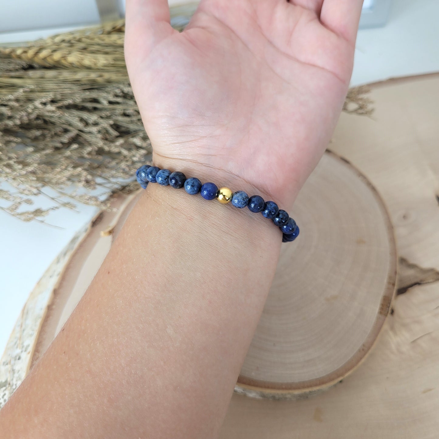 Dumortierit Armband Kugeln 6mm mit Silber 925 vergoldet Perle