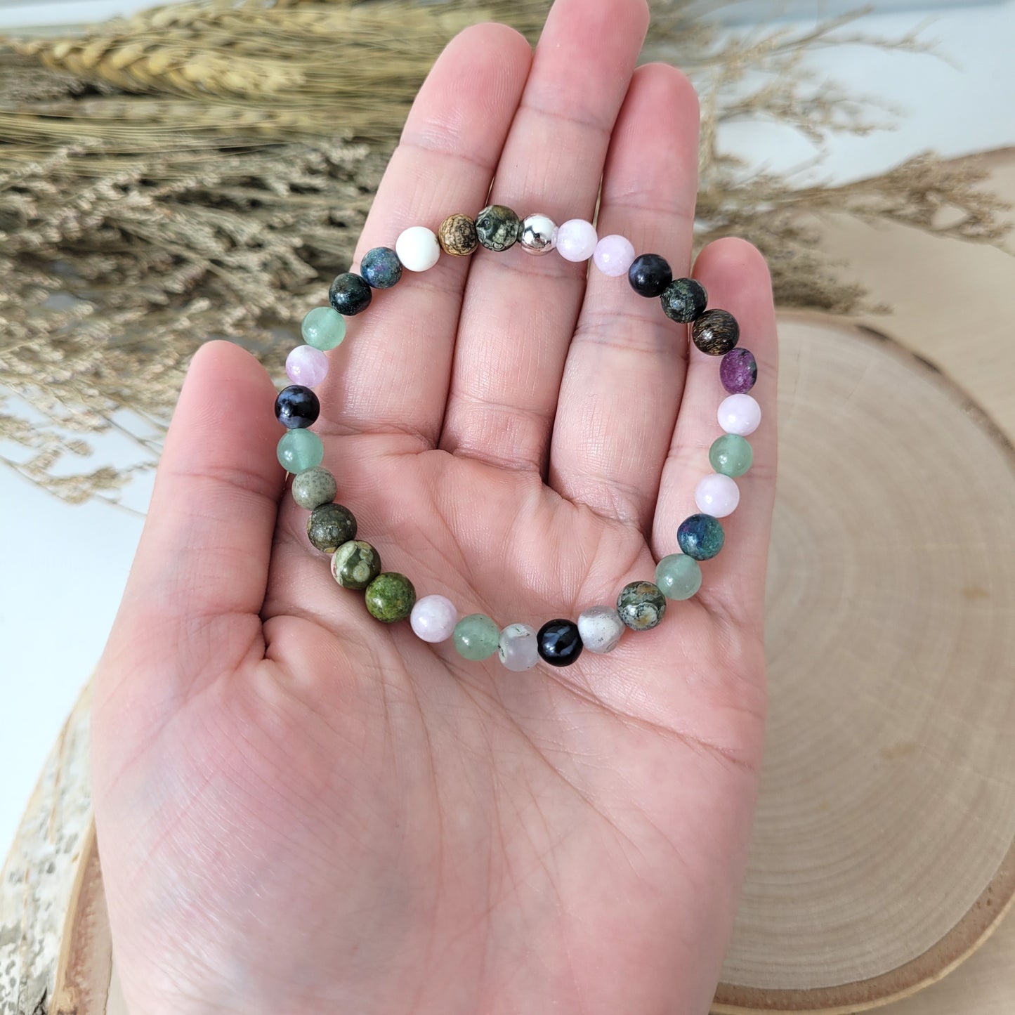 Confetti Perlen Mix "Elfenwald" Armband 6 mm mit Silber 925 Perle, alle Steinsorten in der Beschreibung