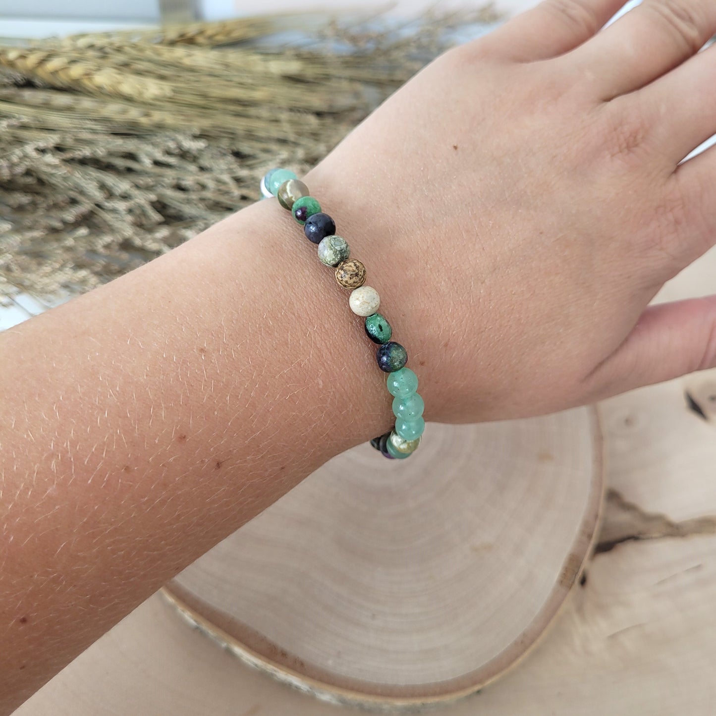 Confetti Perlen Mix "Elfenwald" Armband 6 mm mit Silber 925 Perle, alle Steinsorten in der Beschreibung