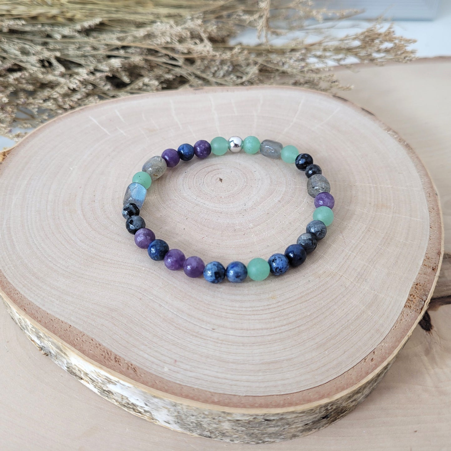 Confetti Perlen Mix "Moonchild" Armband 6 mm mit Silber 925 Perle, alle Steinsorten in der Beschreibung