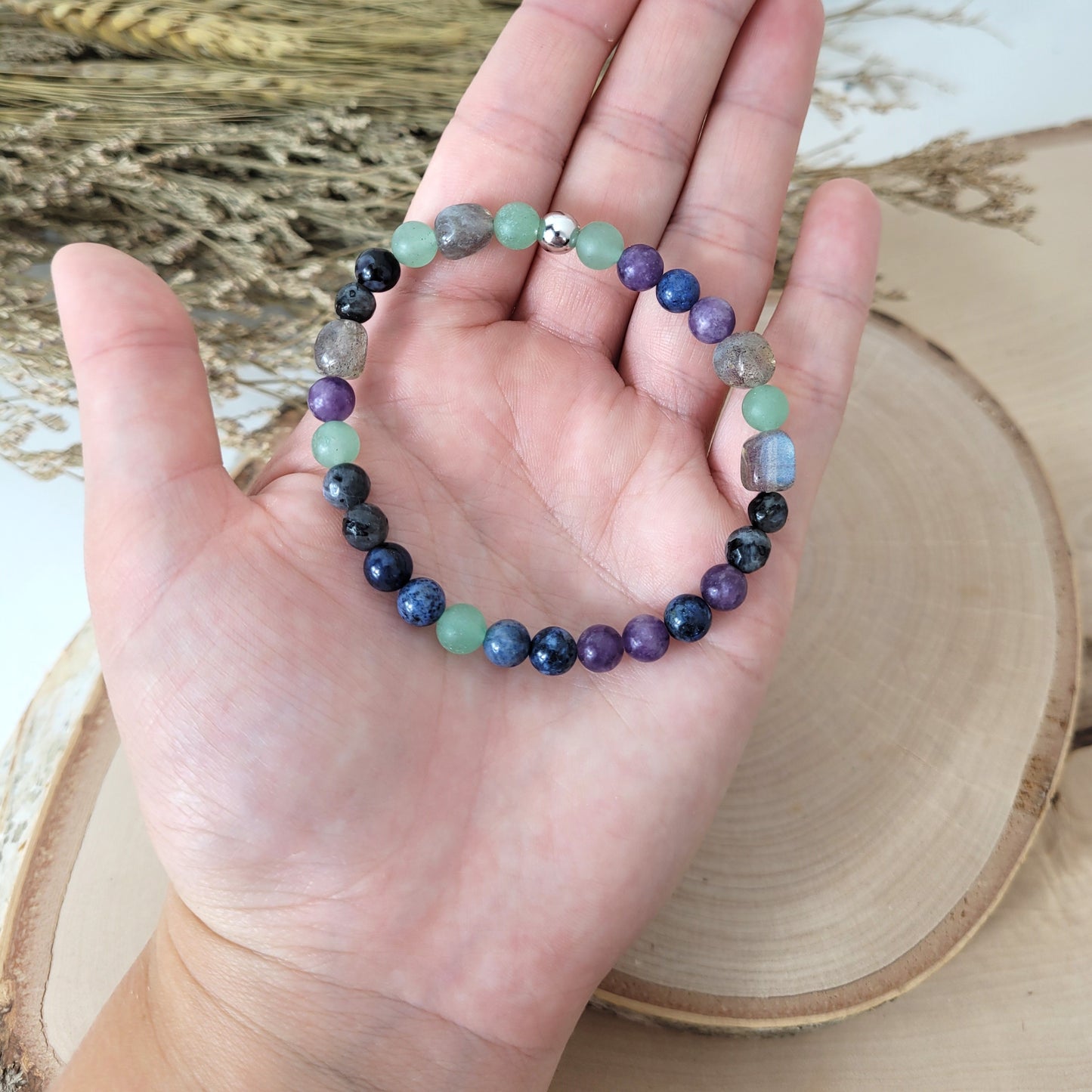 Confetti Perlen Mix "Moonchild" Armband 6 mm mit Silber 925 Perle, alle Steinsorten in der Beschreibung