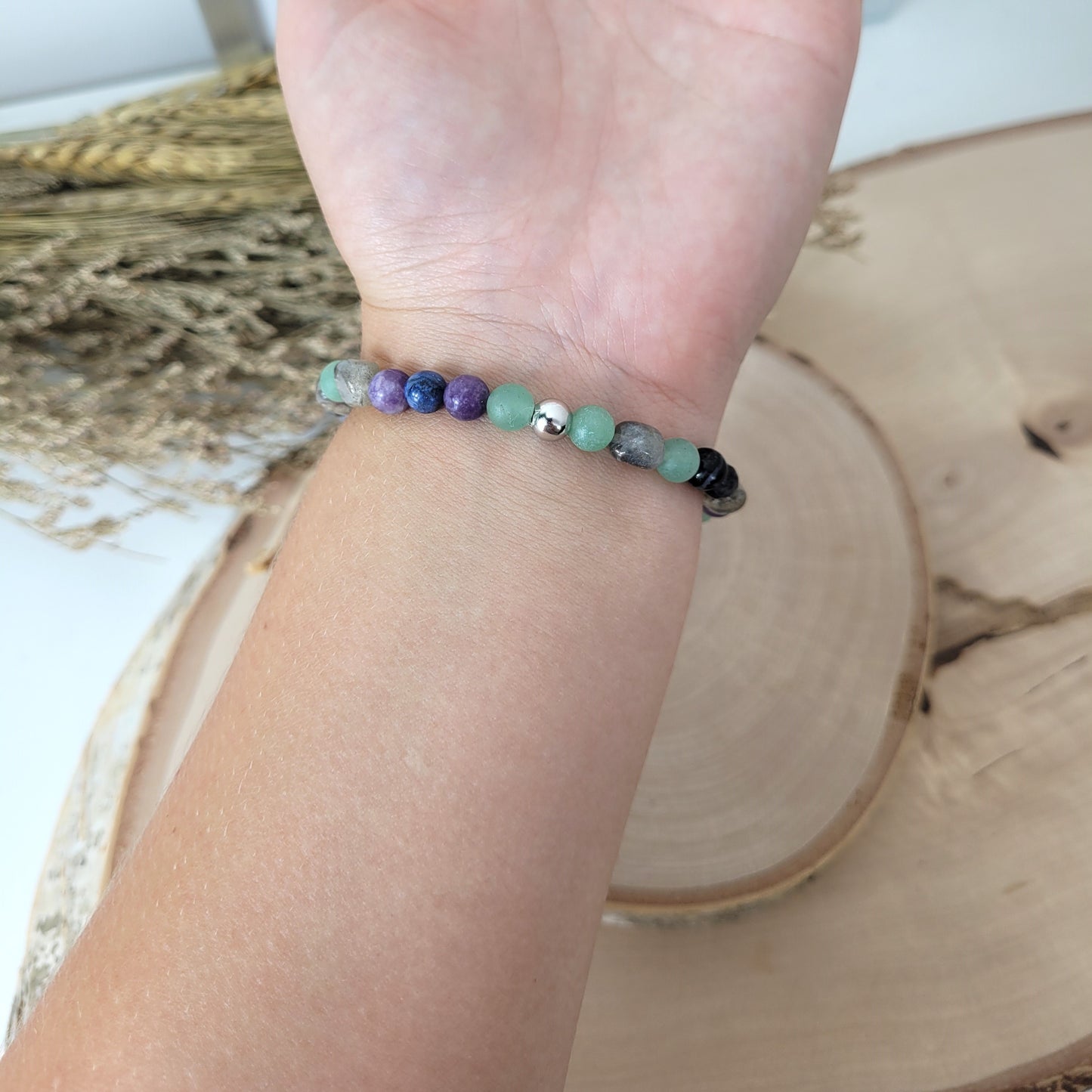 Confetti Perlen Mix "Moonchild" Armband 6 mm mit Silber 925 Perle, alle Steinsorten in der Beschreibung