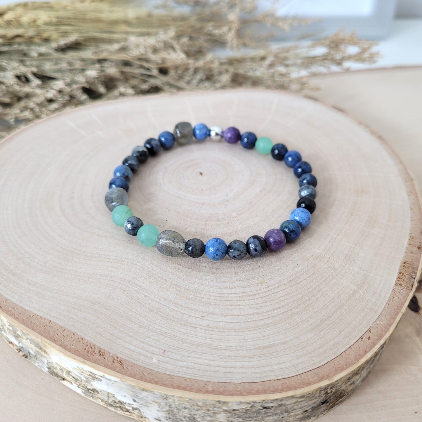Confetti Perlen Mix "Moonchild" Armband 6 mm mit Silber 925 Perle, alle Steinsorten in der Beschreibung