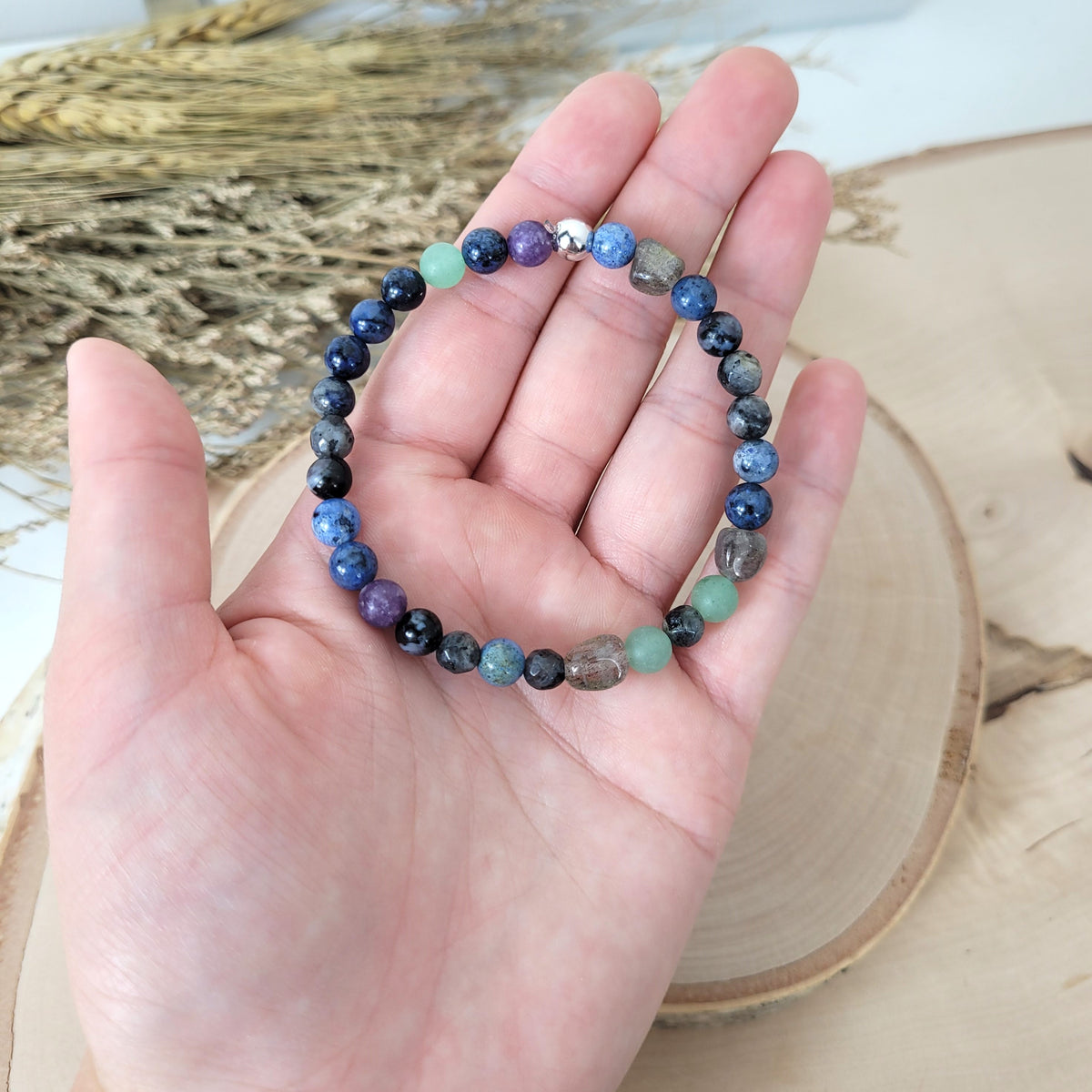 Confetti Perlen Mix "Moonchild" Armband 6 mm mit Silber 925 Perle, alle Steinsorten in der Beschreibung