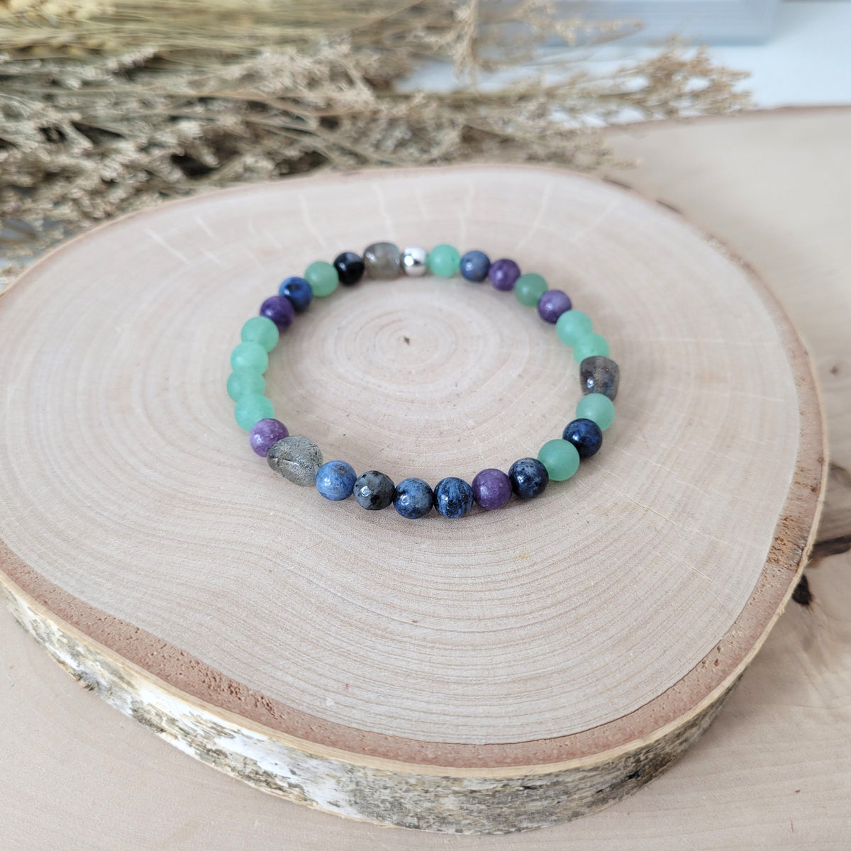 Confetti Perlen Mix "Moonchild" Armband 6 mm mit Silber 925 Perle, alle Steinsorten in der Beschreibung
