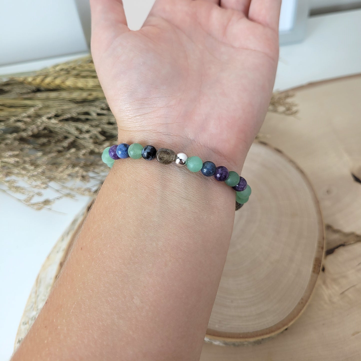 Confetti Perlen Mix "Moonchild" Armband 6 mm mit Silber 925 Perle, alle Steinsorten in der Beschreibung