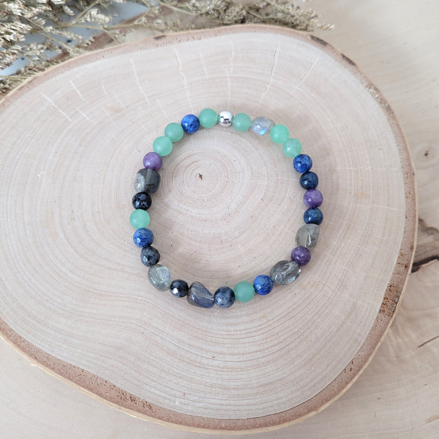 Confetti Perlen Mix "Moonchild" Armband 6 mm mit Silber 925 Perle, alle Steinsorten in der Beschreibung