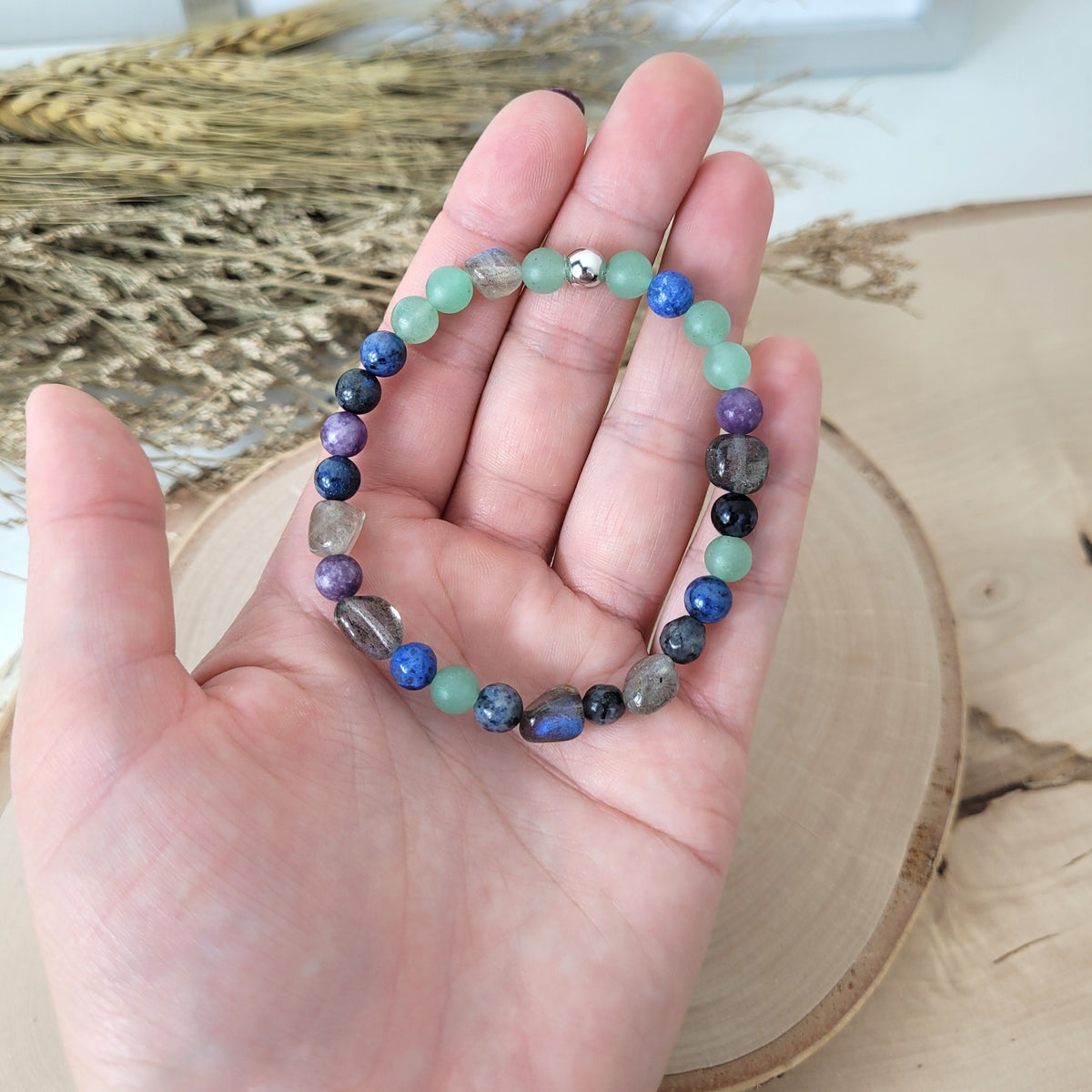 Confetti Perlen Mix "Moonchild" Armband 6 mm mit Silber 925 Perle, alle Steinsorten in der Beschreibung