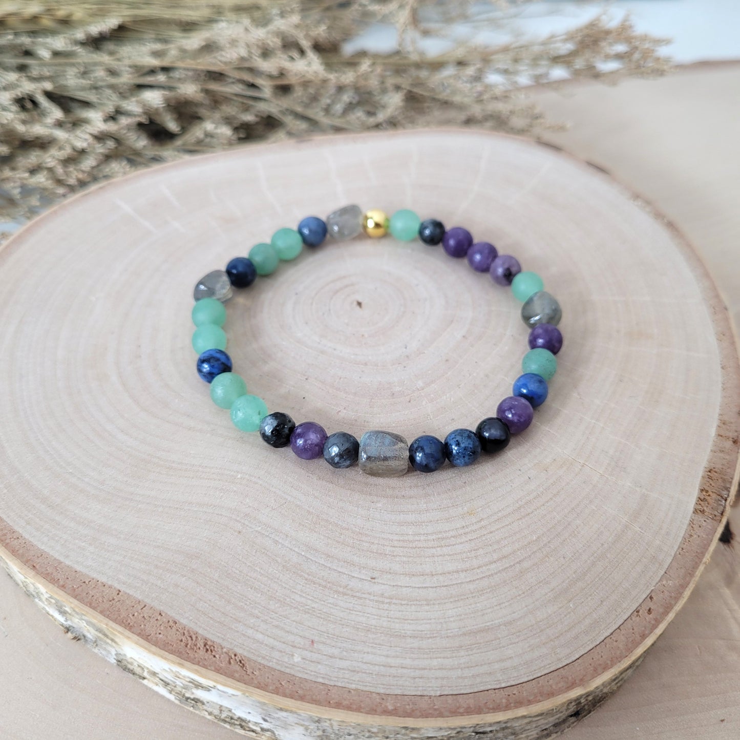 Confetti Perlen Mix "Moonchild" Armband 6 mm mit Silber 925 vergoldet Perle, alle Steinsorten in der Beschreibung