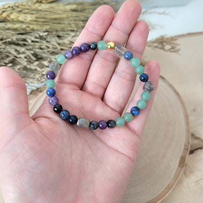 Confetti Perlen Mix "Moonchild" Armband 6 mm mit Silber 925 vergoldet Perle, alle Steinsorten in der Beschreibung
