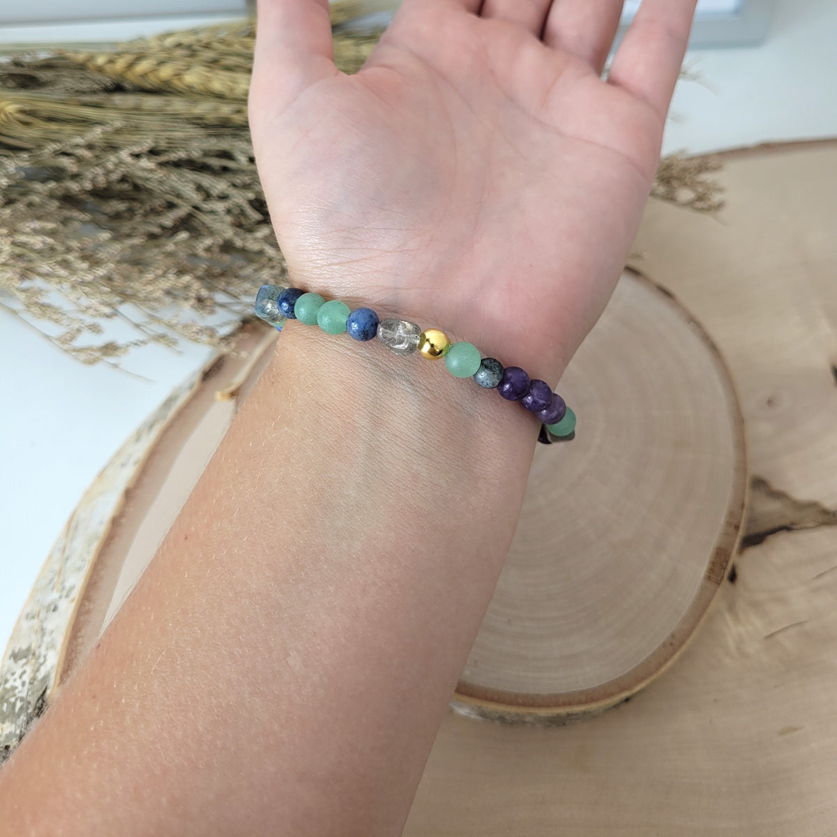 Confetti Perlen Mix "Moonchild" Armband 6 mm mit Silber 925 vergoldet Perle, alle Steinsorten in der Beschreibung