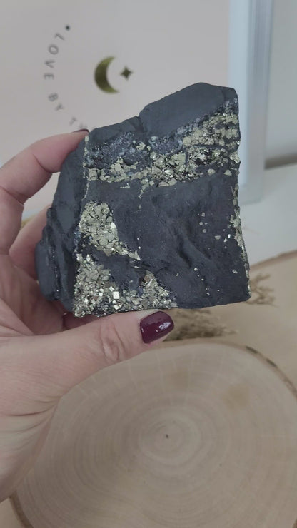 Schungit mit Pyrit Rohstein Freiform 7,9 x 8,3cm, 347g